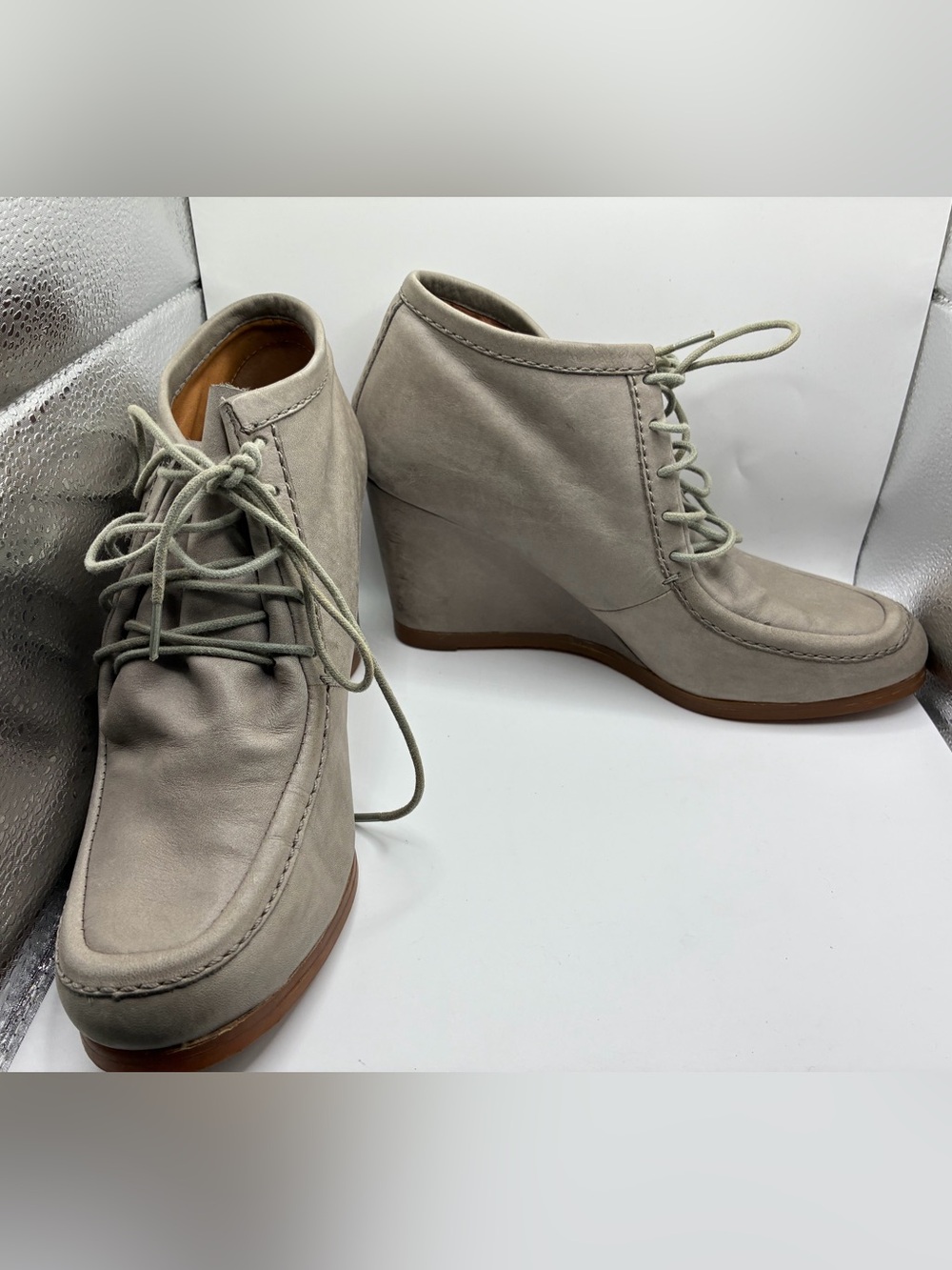 Zara Taupe Lace Up Wedge Ankle Boots Women’s Size 38 US 7.5 Moc Toe Hidden Wedge